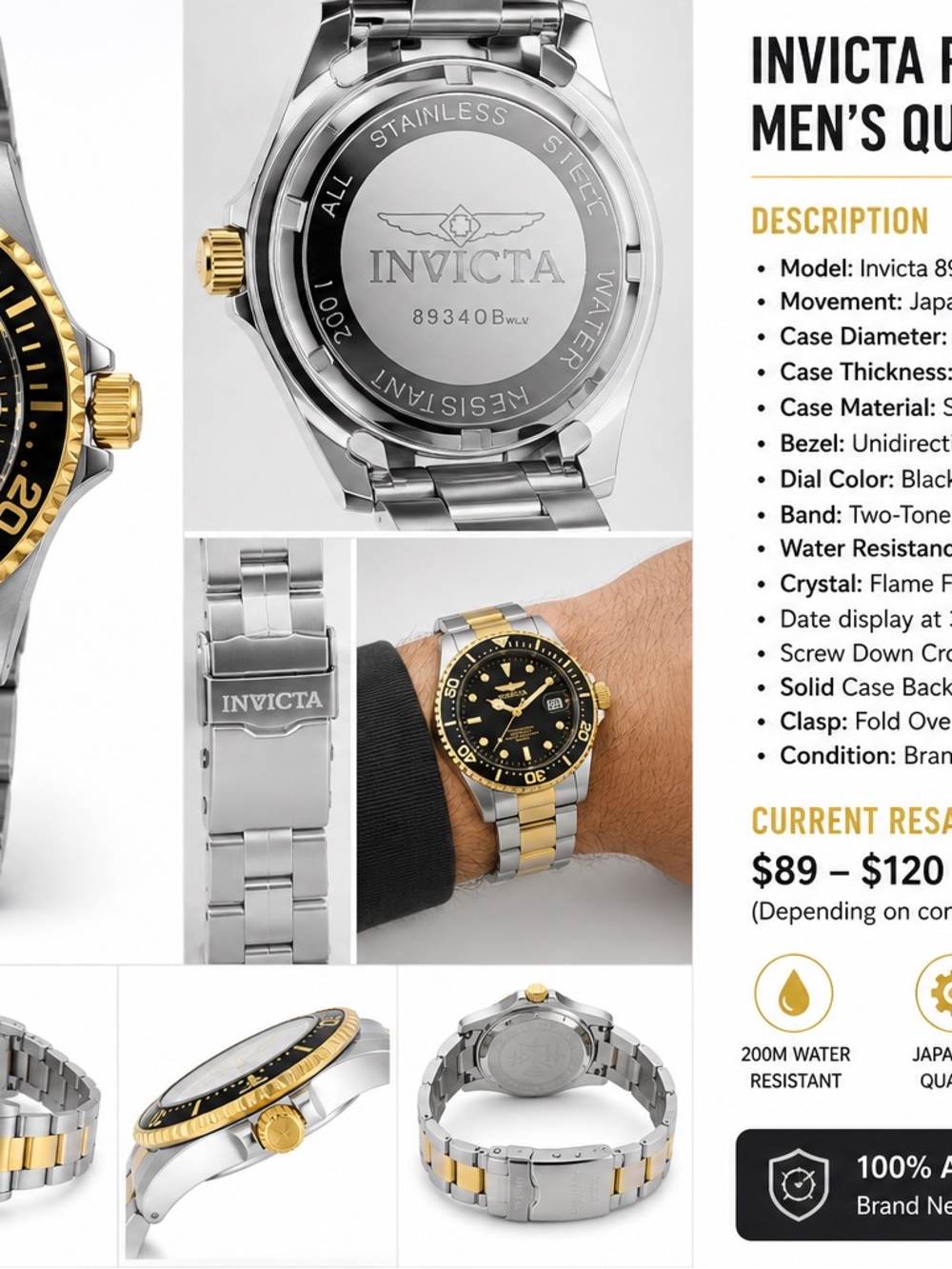 Invicta Two-Tone Black and Gold Men's Stainless Steel Watch